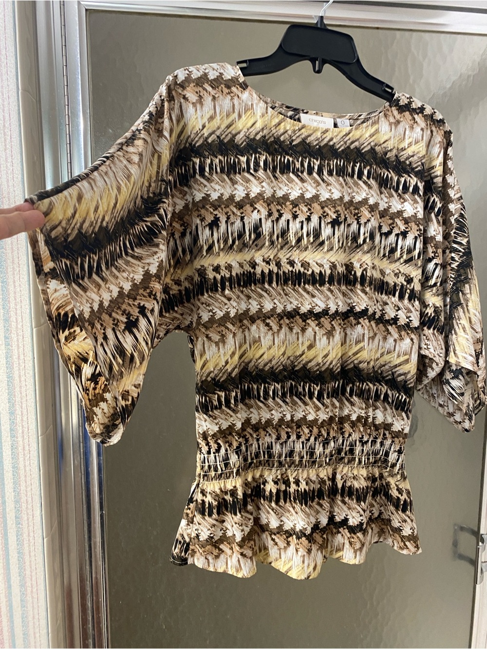 Chico's Brown, Cream & Yellow Patterned Smocked-Waist Blouse